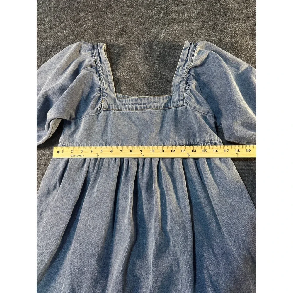 Rylee + Cru Denim Puff Sleeve Babydoll Dress Square Neck Blue Medium BOHO - Picture 5 of 8
